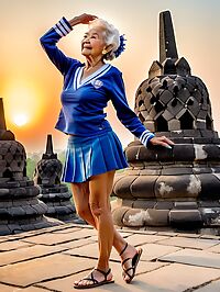 An elderly woman in a blue cheerleader uniform poses at Borobudur Indonesia