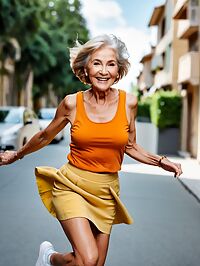 Elderly grandmother poses with a frail yet confident smile in sunlit street scene