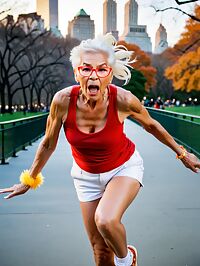 An elderly model poses in Central Park at 4am pale and wrinkled skin on full display