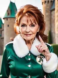 An elderly woman poses seductively outside a castle at pre dawn