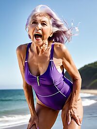 A frail 90 year old grandmother in a purple swimsuit poses on the beach at dawn