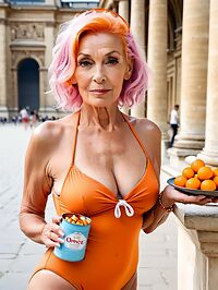 An elderly model with pink hair poses near the Eiffel Tower in Paris's Louvre Museum