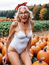 A 90 year old woman with dirty blonde hair poses in a casual swimsuit at a pumpkin patch