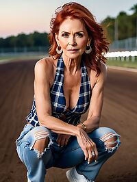 Elderly grandmother poses seductively on motorcycle track under lunar glow