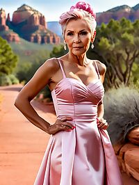 Grandmother in a pink wedding dress poses on a rocky hillside in Sedona