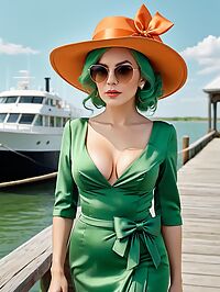 A 65 year old woman in an orange wedding dress stands out on the dock