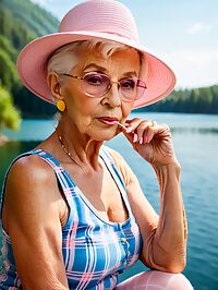 Elderly woman with mohawk dons pink pantyhose at serene lake dawn scene