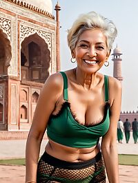 Elderly woman in red tank top poses with feathers on the city square at dawn