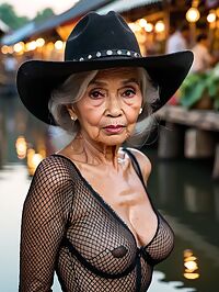 A 95 year old grandmother wrinkled yet strong poses sensually in a fishnet bodysuit
