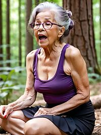 A 90 year old grandmother with purple tank top and black microskirt poses in forest clearing