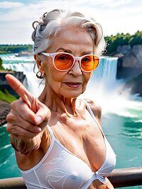 Elderly woman stands by Niagara Falls with medium brown hair and drooping breasts