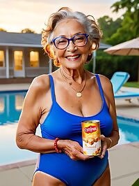 An elderly woman in a blue swimsuit poses in pre dawn at the senior recreation center