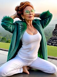 Older woman in green fur coat yoga pants outside Borobudur Indonesia pre dawn hours