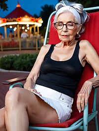 An elderly woman with red streaked black hair poses at twilight theme park entrance