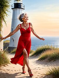 A mature woman wearing a red sundress poses by a lighthouse in the morning sunlight