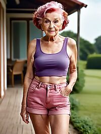 Elderly model on carnival ride during golden hour platinum blonde hair in pixie cut