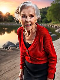 An elderly grandmother with big tits poses in her red sweater at sunset