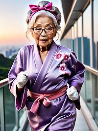 An elderly woman in a purple kimono stands on a glass skybridge at dusk