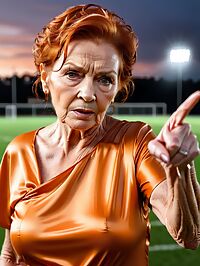 A 70 year old grandmother stands on a dimly lit football field wearing an orange dress